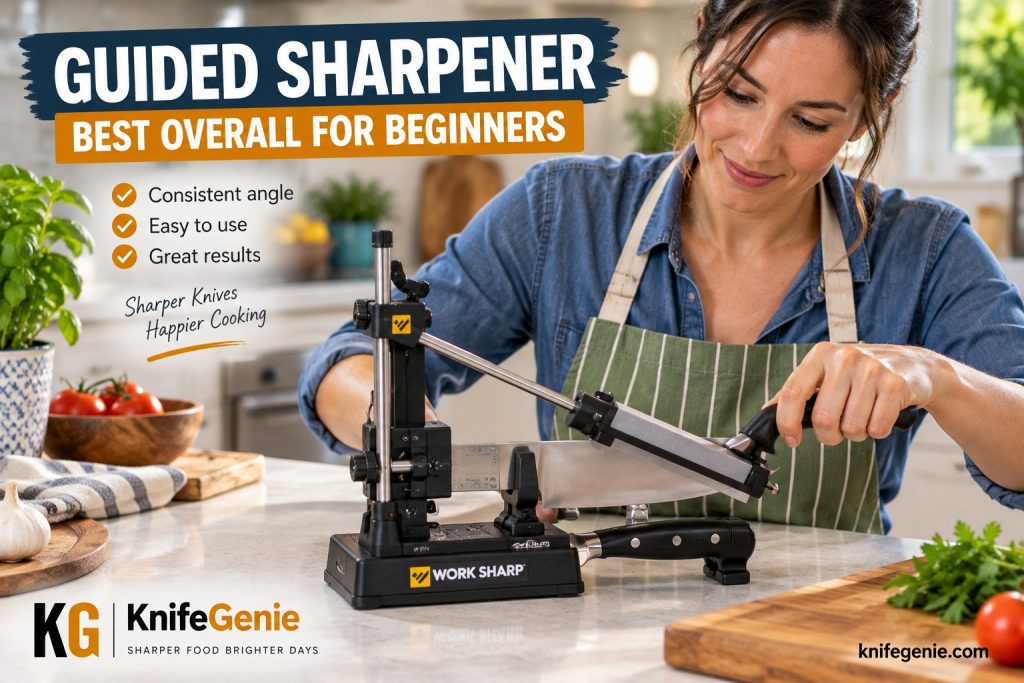 Beginner using guided knife sharpener on kitchen chef knife