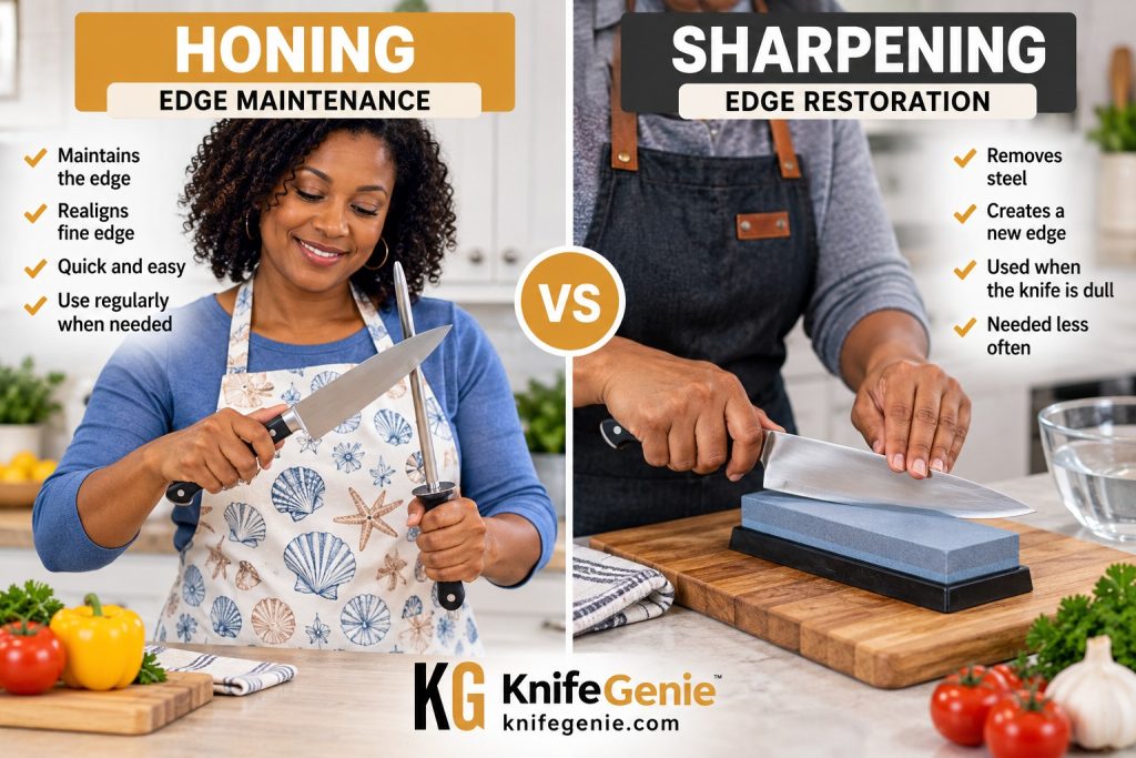 Honing vs Sharpening Kitchen Knives Honing vs sharpening kitchen knives showing the difference