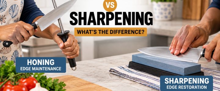 Honing vs Sharpening: What’s the Difference? Honing vs sharpening kitchen knives showing edge maintenance and edge restoration