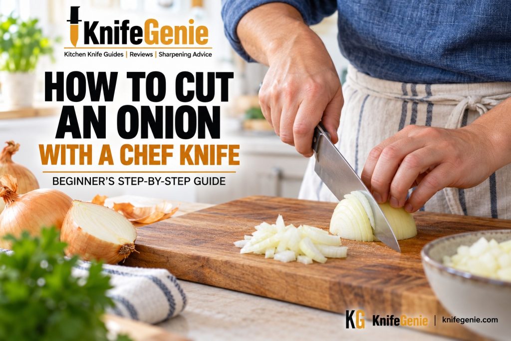 How to cut an onion with a chef knife using a safe claw grip
