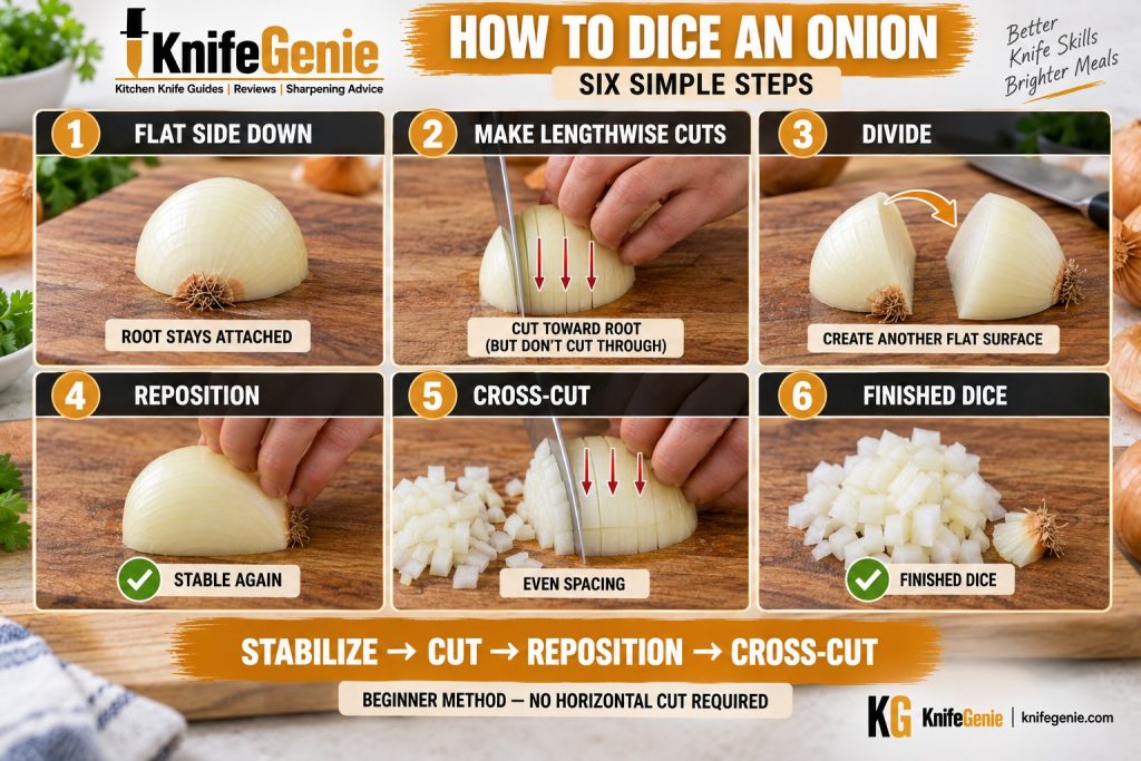 Six steps showing how to dice an onion safely with a chef knife