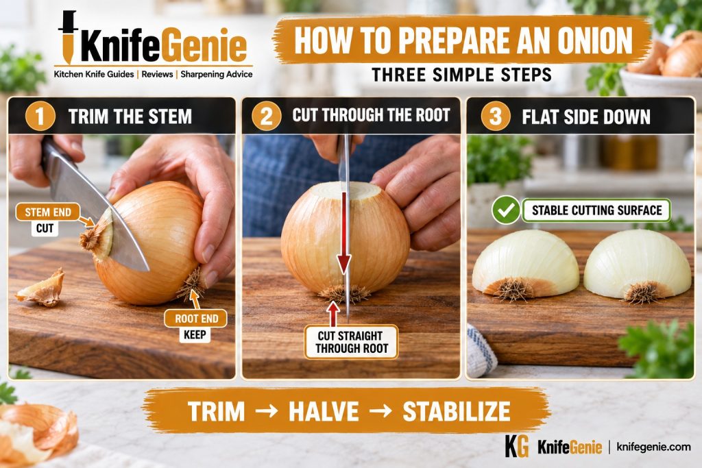 How to trim and halve an onion before cutting with a chef knife