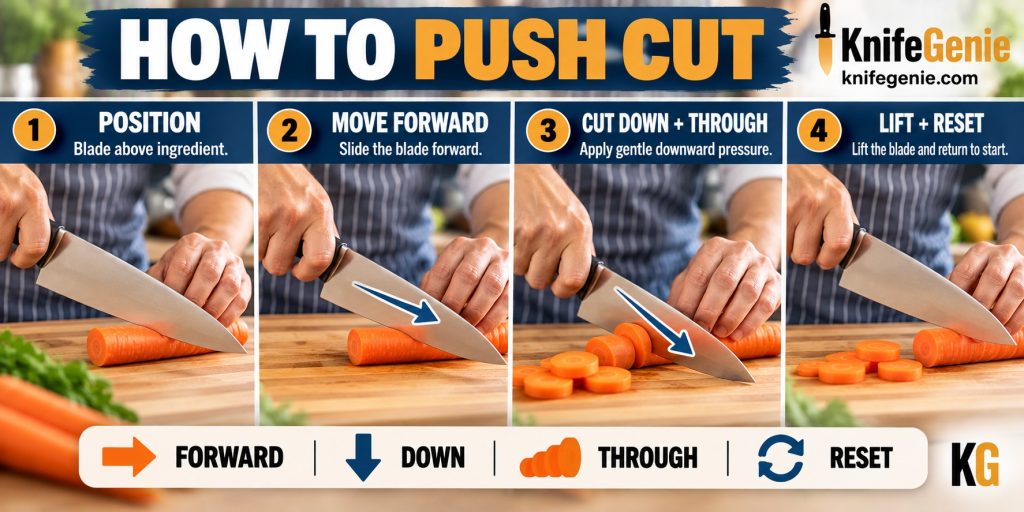 Push cutting technique with chef knife shown step by step