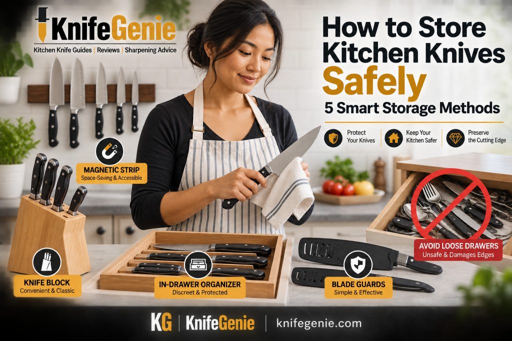 How to store kitchen knives safely using a knife block, magnetic strip, drawer organizer and blade guards