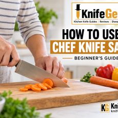 Beginner learning how to use a chef knife safely with proper grip and claw hand