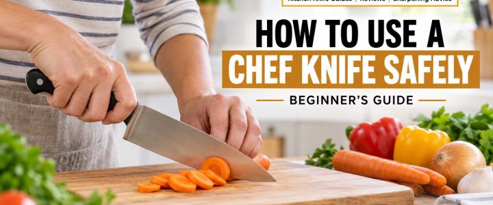 How to Use a Chef Knife: Beginner’s Guide to Cutting Safely Beginner learning how to use a chef knife safely with proper grip and claw hand