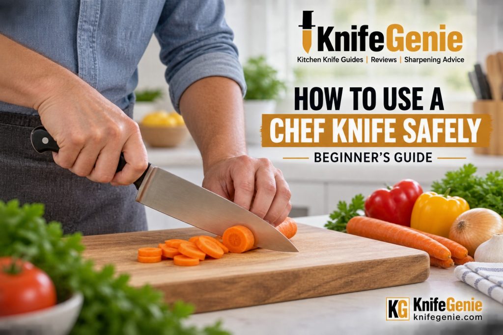 Beginner learning how to use a chef knife safely with proper grip and claw hand