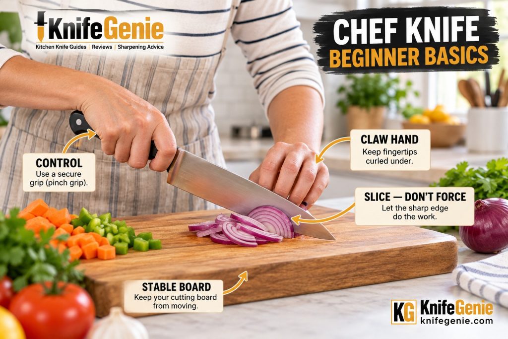 Beginner using a chef knife safely with a claw hand and stable cutting board