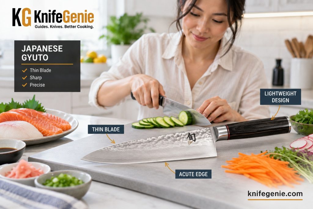 Japanese Gyuto Knife Features Japanese gyuto showing thin blade and precision cutting design