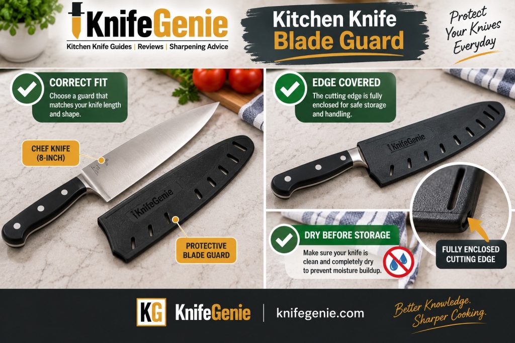 Chef knife with correctly fitted blade guard covering the cutting edge for safe storage