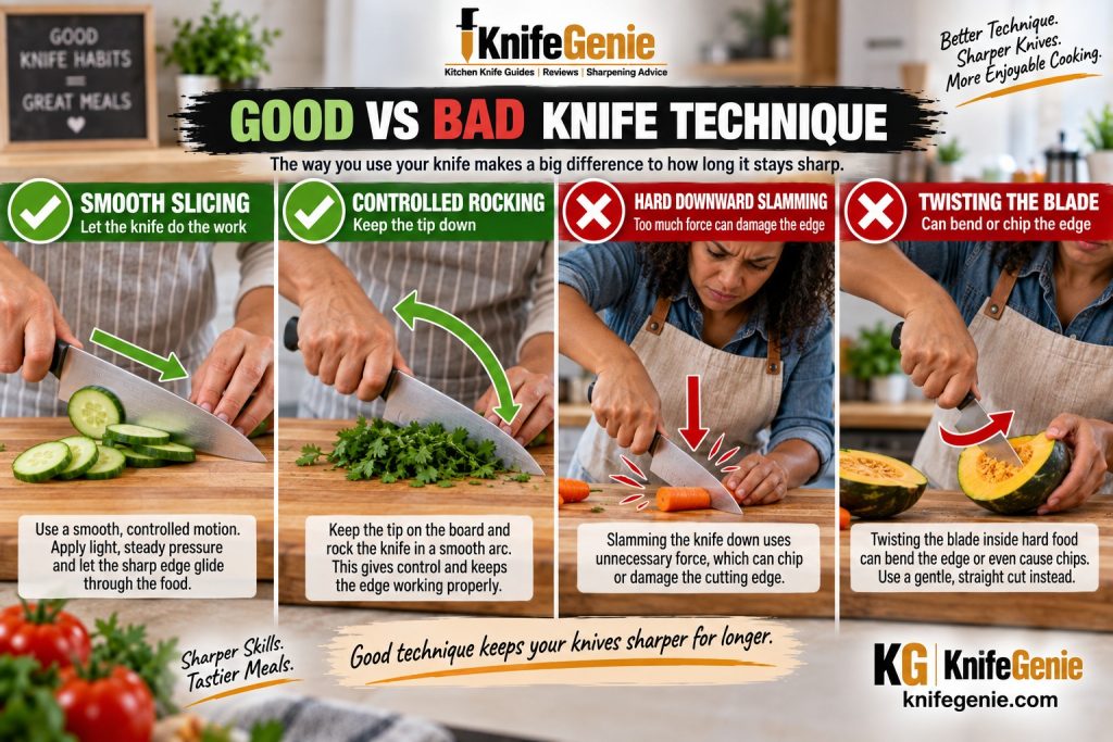 Good and bad kitchen knife cutting techniques compared