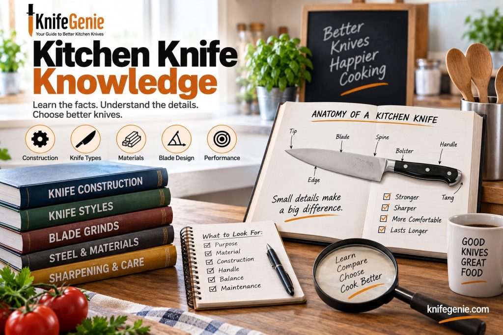 Kitchen knife knowledge guide showing knife anatomy, construction, materials and blade design