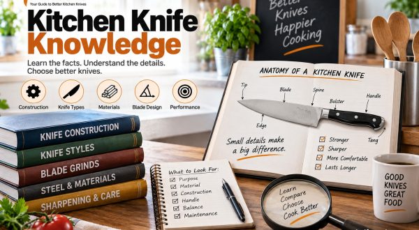 Kitchen knife knowledge guide showing knife anatomy, construction, materials and blade design