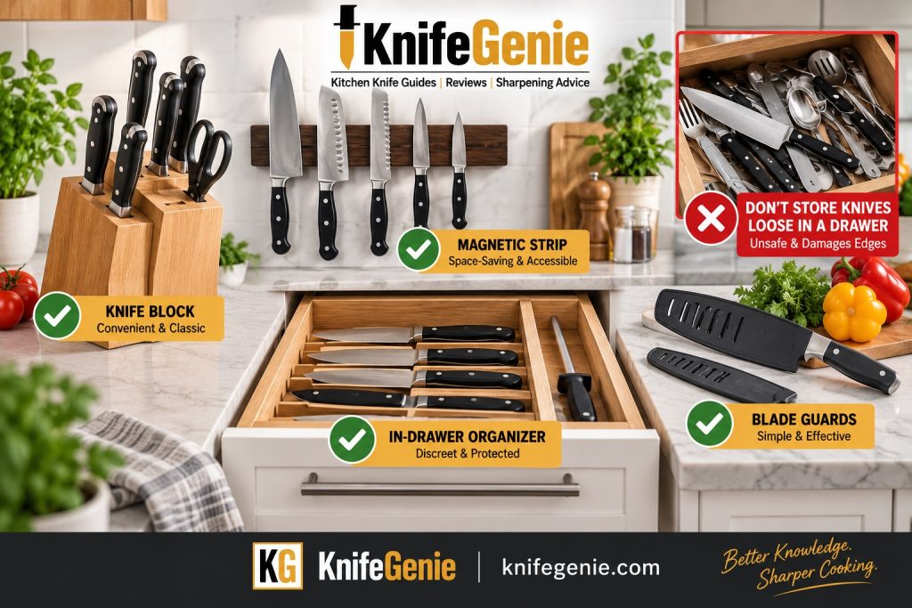 Knife block, magnetic strip, in-drawer organizer and blade guard compared for safe kitchen knife storage