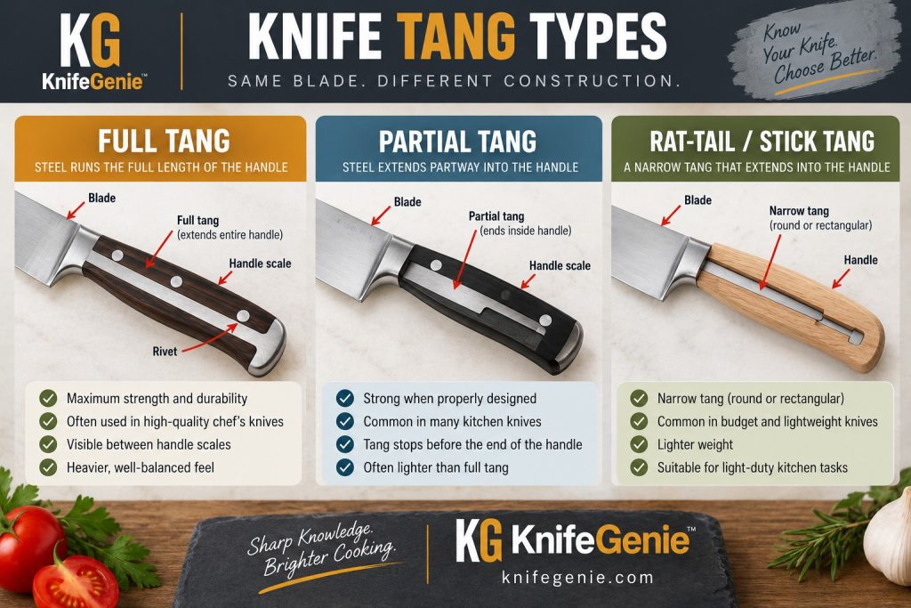 Different Kitchen Knife Tang Types Full tang partial tang and rat tail knife construction compared
