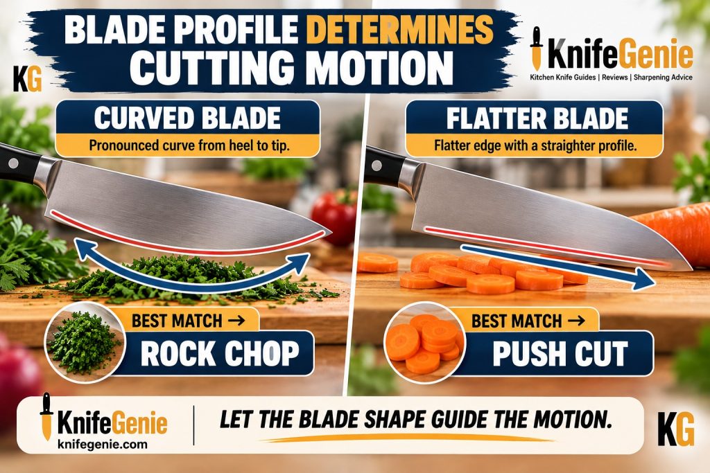 Curved and flat knife blade profiles for rock chopping and push cutting