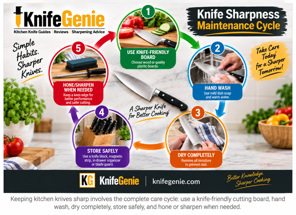 Five-step kitchen knife maintenance cycle covering cutting boards, hand washing, drying, safe storage and sharpening