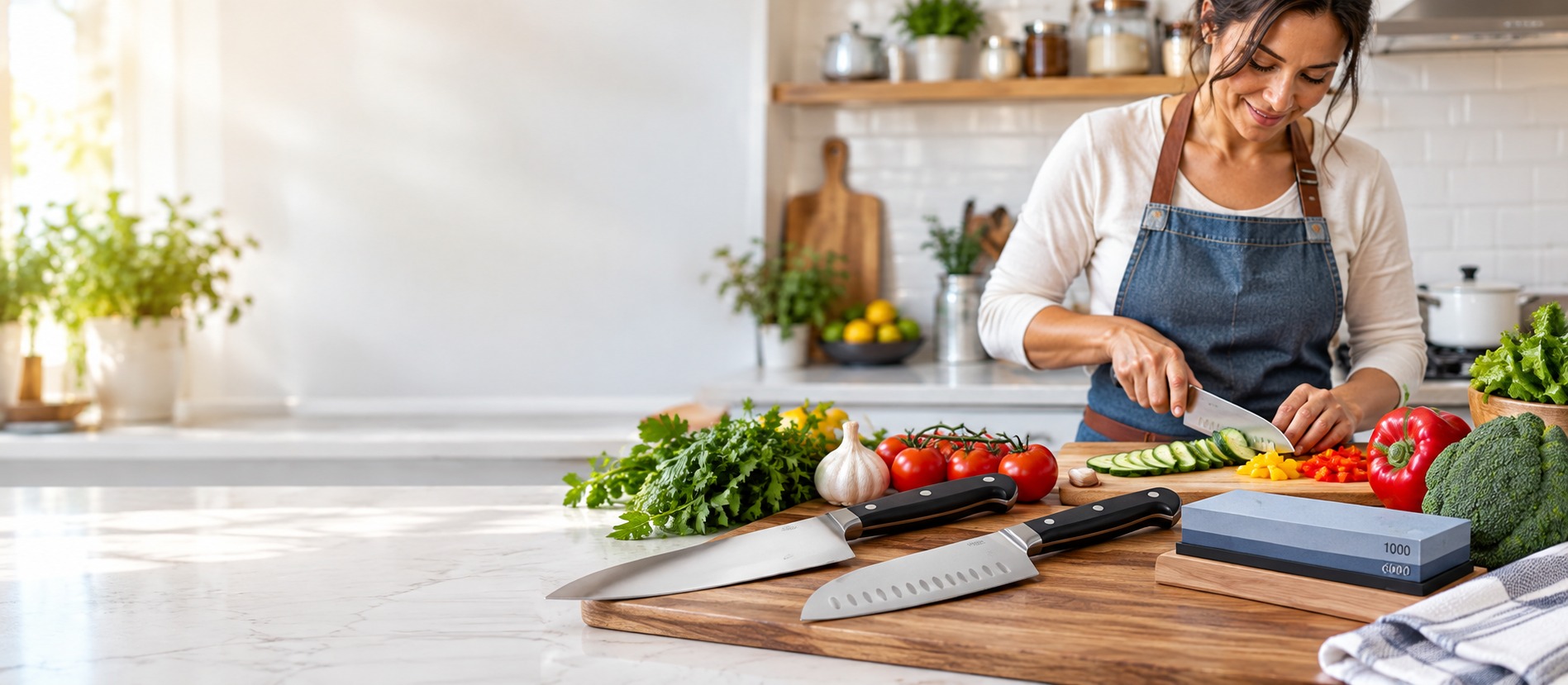 Home cook preparing vegetables with chef knife, Santoku and sharpening stone.
