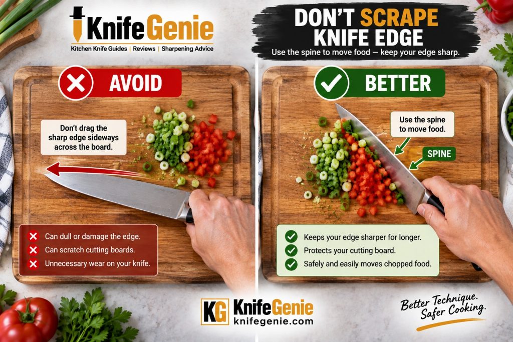 Using the spine of a chef knife instead of scraping food with the cutting edge