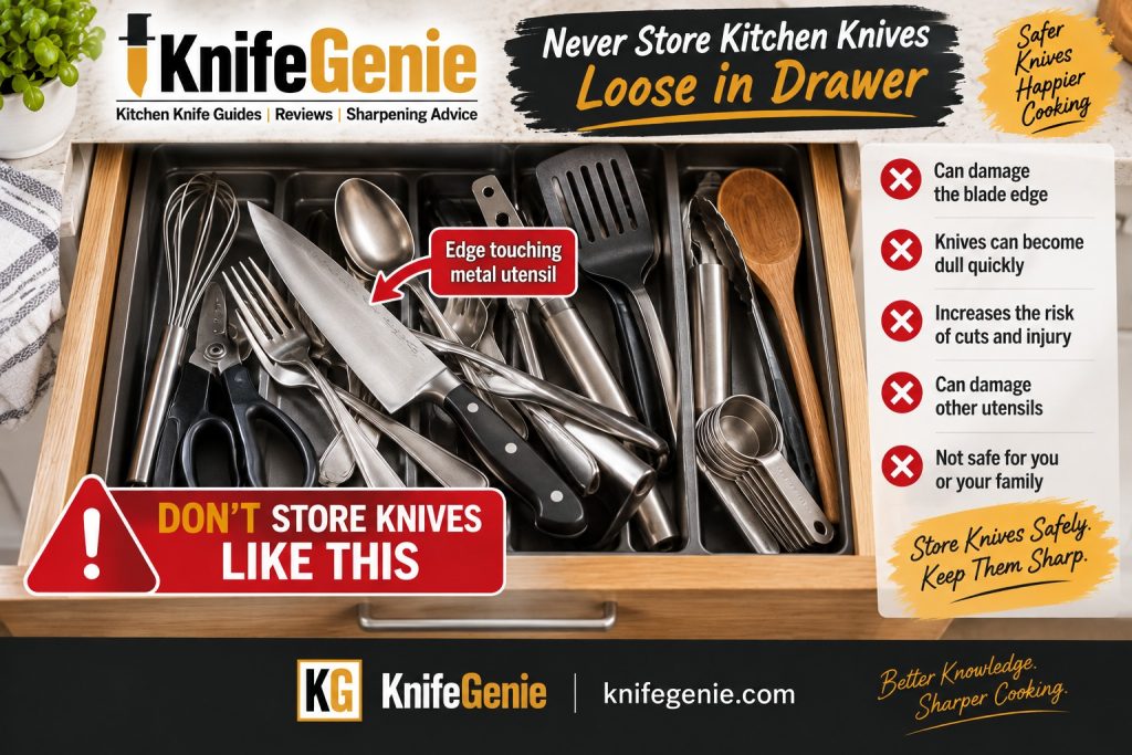 Chef knife stored loose in a drawer with its cutting edge touching metal kitchen utensils