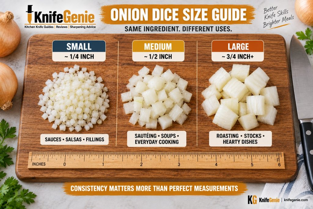 Large, medium and small onion dice sizes compared