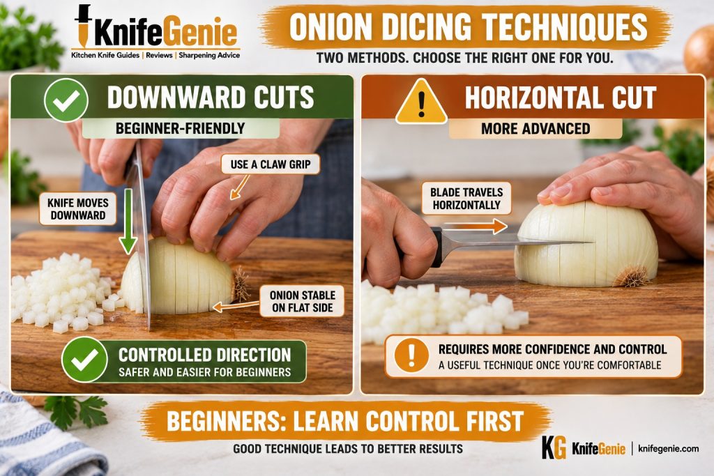 Beginner downward onion cutting compared with traditional horizontal cut