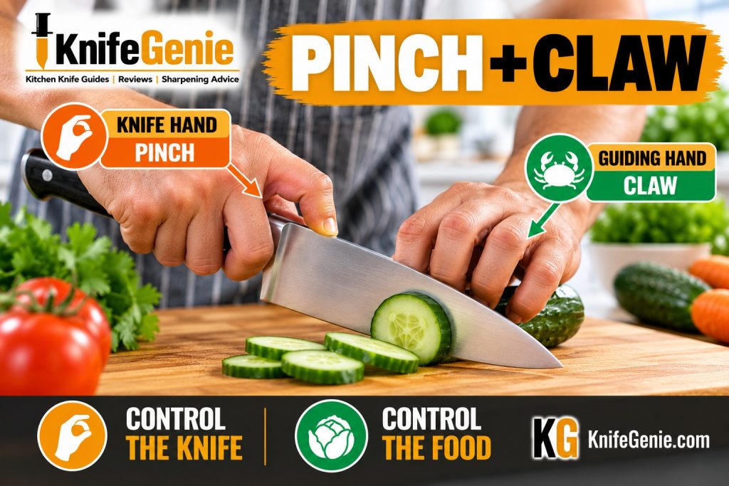 Pinch grip and claw hand used together with a chef knife