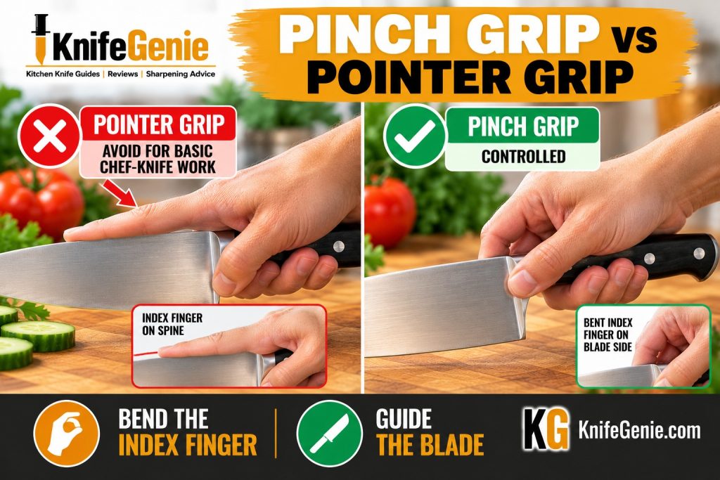 Chef knife pinch grip compared with index finger on blade spine