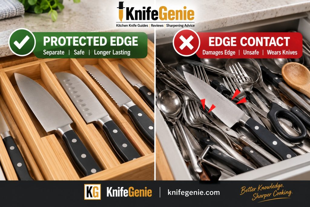 Protected kitchen knife edges in wooden organizer compared with loose knives contacting metal utensils in a drawer
