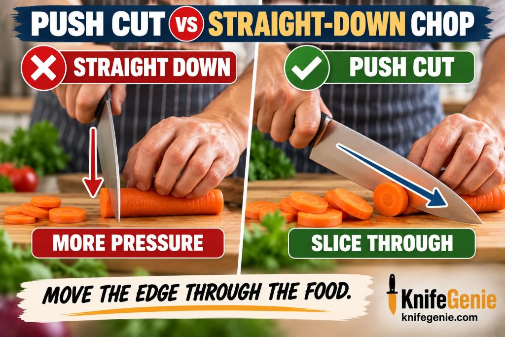 Push cutting compared with straight-down chopping using a chef knife