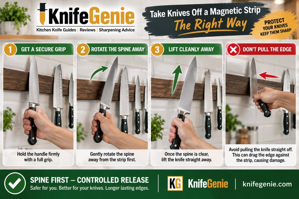 Three-step method for safely removing a kitchen knife from a magnetic knife strip