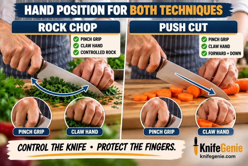 Pinch grip and claw hand used for rock chopping and push cutting
