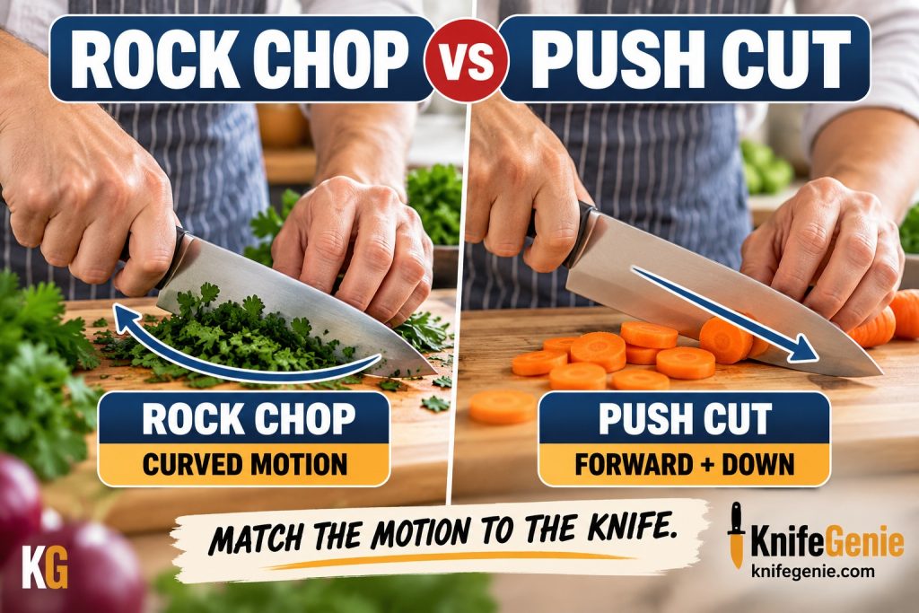 Rock chop vs push cut chef knife techniques compared