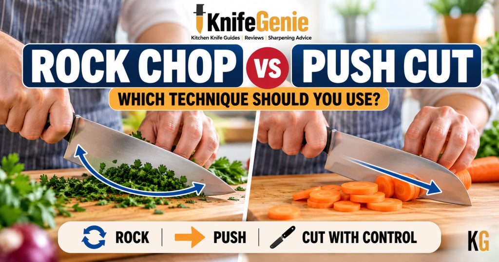 Rock chop vs push cut chef knife techniques for home cooks