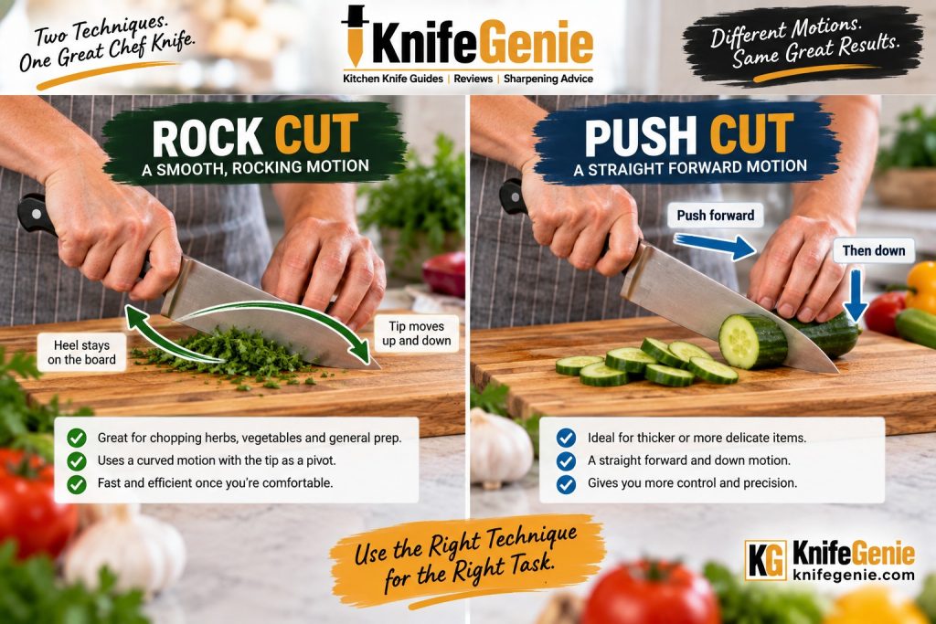 Rock cutting compared with push cutting using a chef knife