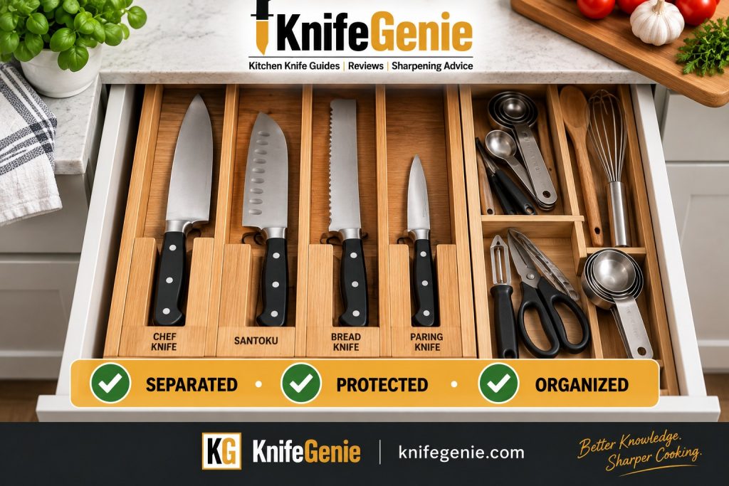 Chef knife, Santoku, bread knife and paring knife safely separated in a wooden in-drawer knife organizer