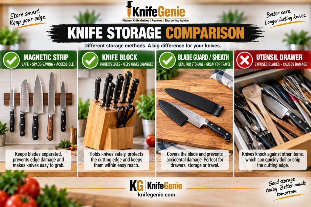 Knife block magnetic strip blade guard and loose drawer storage compared