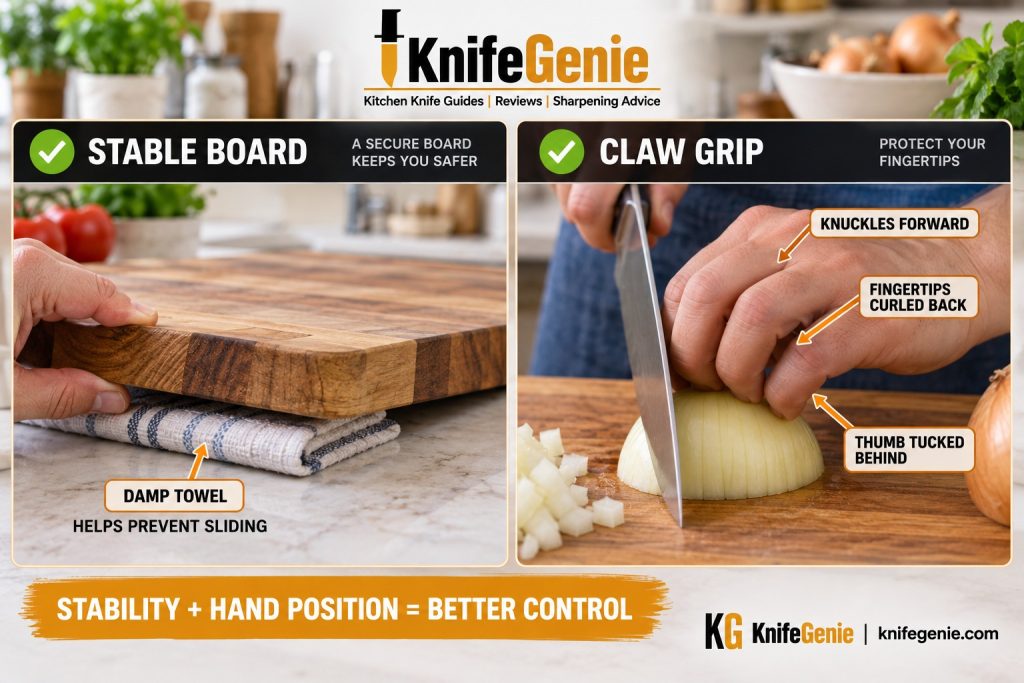 Stable cutting board and claw grip for safely cutting an onion