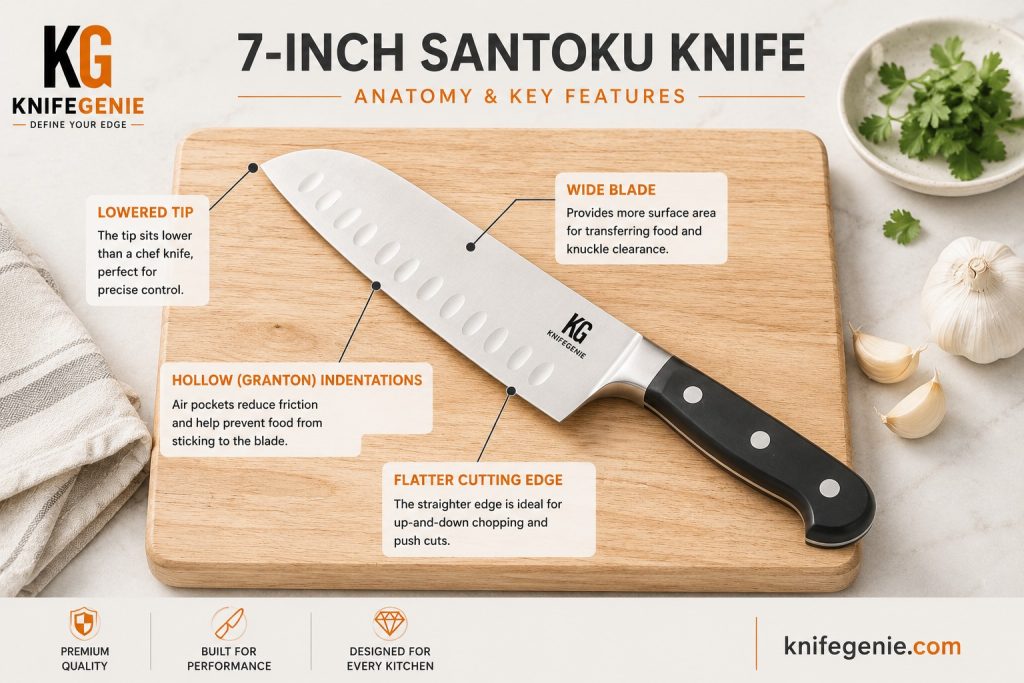 Santoku knife showing flat edge and wide blade