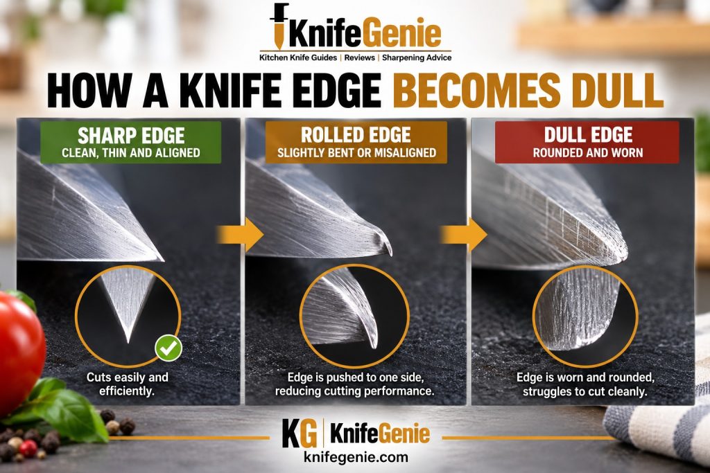 Sharp rolled and dull kitchen knife edges compared