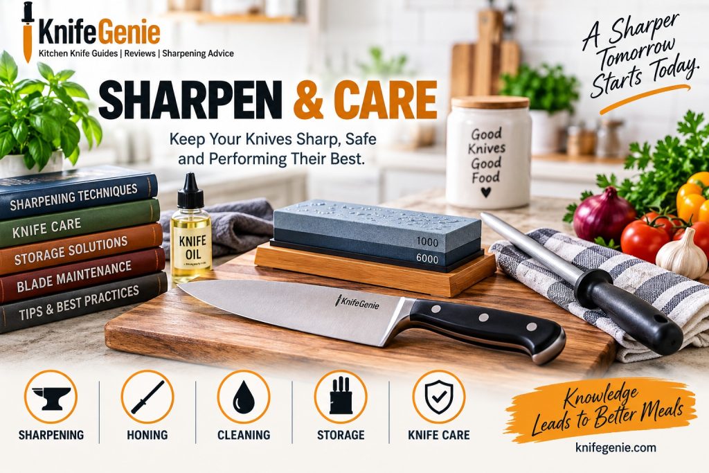Kitchen knife sharpening and care guide with whetstone, honing rod and chef knife
