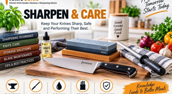 Kitchen knife sharpening and care guide with whetstone, honing rod and chef knife