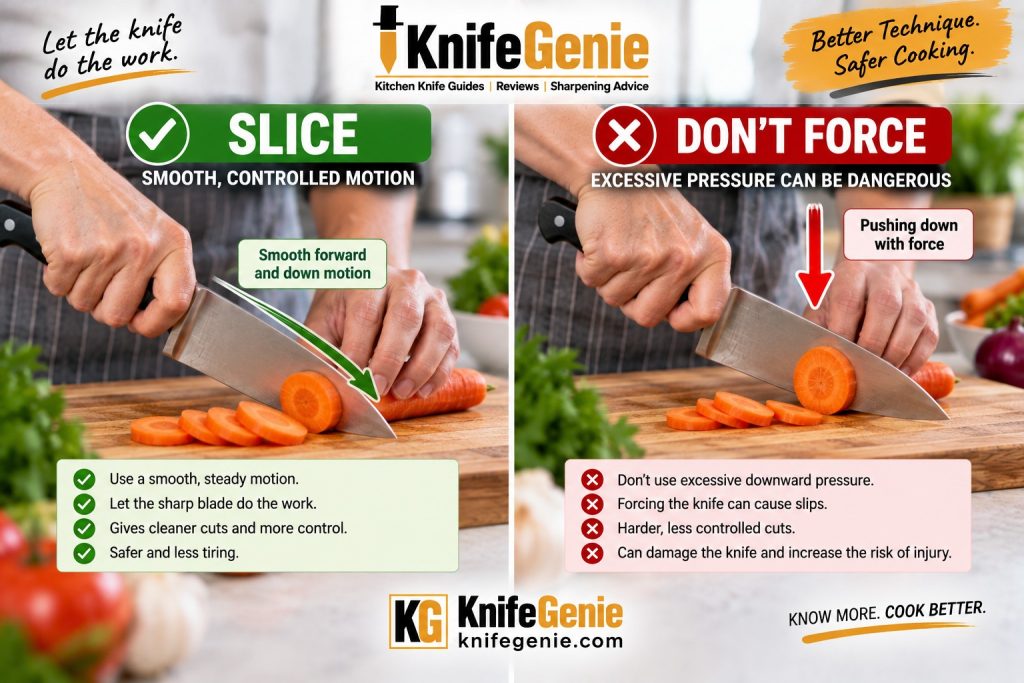 Correct slicing motion compared with forcing a chef knife straight down