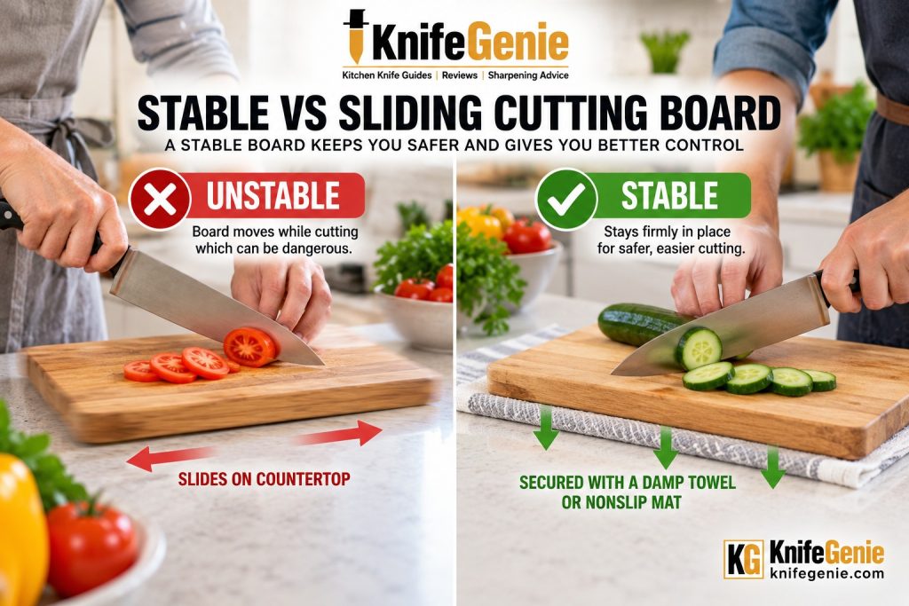 A cutting board should remain firmly in place while you use a chef knife.