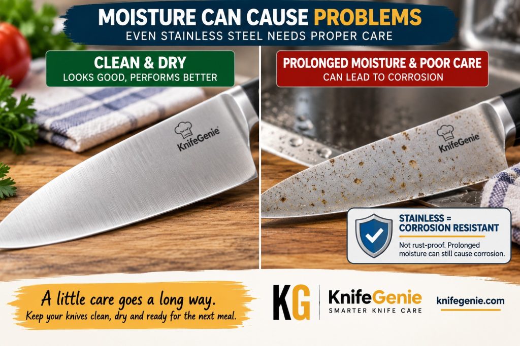 Stainless kitchen knife showing possible rust and corrosion