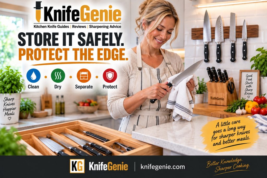 Home cook drying a chef knife with magnetic strip, knife block and in-drawer organizer for safe storage