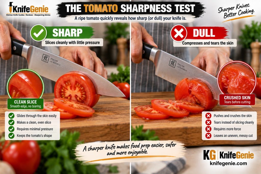 Sharp and dull kitchen knives cutting a ripe tomato