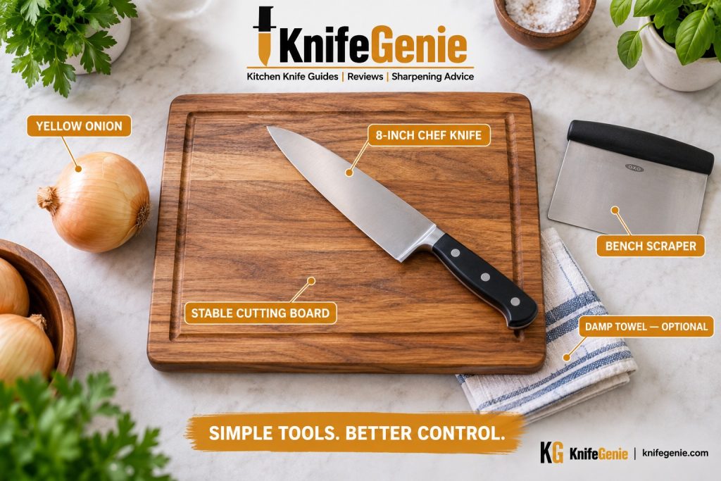 Chef knife, yellow onion, wooden cutting board and bench scraper for cutting an onion
