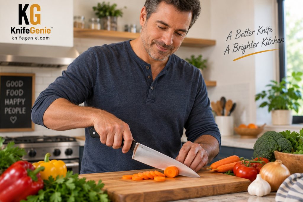 Traditional Western-Style Chef’s Knife for Home Cooking Male home cook using a traditional Western-style chef's knife