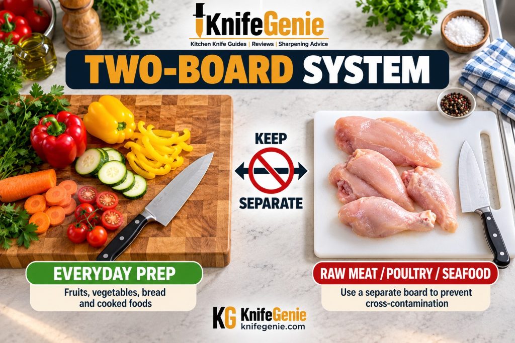 Separate wood and plastic cutting boards for food preparation